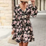 V Neck Long Sleeve Printed Dress Elegant Autumn Fashion Womens Casual Wear Wholesale Available