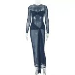 Elegant Womens Midi Dress Solid Color Waist Defining Pleated Round Neck Long Sleeve Perfect for