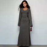 Fashionable Loose Fit U Neck Long Sleeve Dress Back Tie Design Autumn Collection Wholesale Avail
