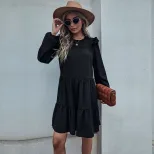 Loose Black Long Sleeve Dress Vintage Hepburn Style Fashionable Womens Apparel for Casual Occasi