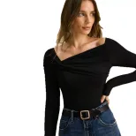 Womens Long Sleeve T Shirt Slim Fit Asymmetrical Neckline Ruffled Design Spring Fall Fashion Top