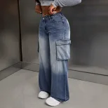 Loose Fit Wide Leg Denim Work Pants Multi Pocket Design Casual Everyday Wear Ready to Ship whole