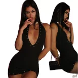 Bodycon Mini Dress Deep V Neck Halter Neck Open Back Nightclub Party Wear Wholesale Available