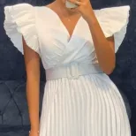 Womens V Neck Pleated Dress with Flutter Sleeves Elegant Design Belt Included Perfect for Partie