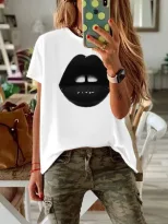 Plus Size Womens Black Short Sleeve T Shirt Lips Print Round Neck Fitted Style Casual Wear Whole