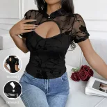 Lace Trimmed Short Sleeve Top Hollow Out Design Velvet Mesh Fabric Trendy Style Perfect for Casu