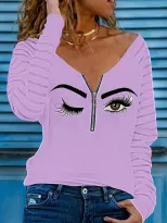 Long Sleeve V Neck T Shirt Eye Print Zipper Design Comfortable Fabric Casual Wear for Spring and