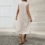 Sleeveless Straight Maxi Dress Solid Color Khaki Casual Beach Vacation low MOQ