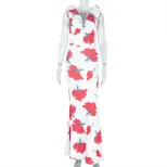 Elegant Floral Print Backless Long Dress Wrinkled Design Slim Fit Mid Waist Perfect for Parties