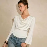 Satin Long Sleeve Blouse for Women V Neck Waist Tie Slim Fit Elegant Style Perfect for Casual or