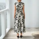 Elegant Black and White Floral Print Sleeveless Dress V Neck Trendy Design Perfect for Summer Ev