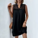 Casual Loose Dress European Style Stand Collar Solid Color Lace Panel Perfect for Spring Summer