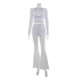Fashion Womens Suit Set Elegant Solid Color Slim Fit Long Sleeve Top and Trousers Perfect for Ca