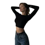Womens Long Sleeve Crop Top Sexy Backless Design Solid Color Slim Fit Stylish Winter Fashion Who