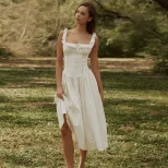Elegant French Style Summer Dress for Women Square Neck Ruffled Hem Slim Fit Adjustable Straps P