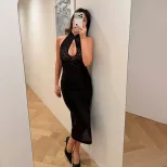Sleeveless Lace Panel Maxi Dress Sheer Figure Hugging Solid Color Spring Summer Fashion for Part