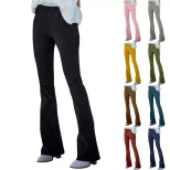 High Waisted Corduroy Slim Fit Flare Pants Solid Color Elastic Waist Casual Style Spring Summer