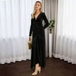 Elegant Black Velvet Long Dress Deep V Neck Side Waist Pleats Fitted Mermaid Hem Spring Summer E