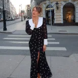 欧美设计感女装翻领气质排扣设计高开叉印花连衣裙气质贵气感长裙