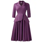 Plus Size Womens Dress Autumn Fashion Solid Color Three Quarter Sleeve Suit Collar Flared Skirt