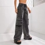 High Waisted Loose Fit Denim Cargo Pants Plus Size Big Pockets Comfortable Fabric Casual Wear fo