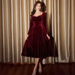 Wine Red Velvet Long Sleeve Square Neck A Line Dress Vintage Style Spring Summer Occasion Wholes