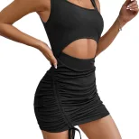 Sexy Hollow Out Drawstring Square Neck Sleeveless Bodycon Dress Elegant Design Comfortable Fabri