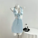 C2现货-95292#亚马逊跨境欧美蕾丝拼接V领纯欲挂脖绑带女装连衣裙