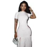 Elegant Womens Midi Dress Round Neck Short Sleeve Bodycon Fit Pleated Color Block Casual or Even