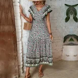 Vintage Bohemian Ruffle Hem V Neck Printed Dress Elegant Design Comfortable Fabric Perfect for S