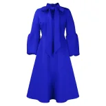 Fashionable High Waisted Lantern Sleeve Dress Plus Size Bow Tie Flared Skirt Spring Summer Occas