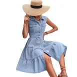 Vintage Slim Fit Denim Dress Waist Defining Elegant Design Short Sleeve Perfect for Casual Outin