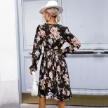 Printed Long Sleeve Dress Pleated Design Mid Length Fashionable for Women Perfect for Casual or
