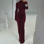 Elegant Solid Color Long Dress Slimming Fit Ruffled Design Perfect for Fall Winter Wholesale Ava