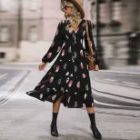 Romantic Elegant Colorful Feather Print Dress Three Quarter Sleeve Spring Fall Style Wholesale A