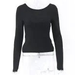 Womens Long Sleeve T Shirt Sexy Hollow Back Design Slim Fit Round Neck Autumn Fashion for Casual