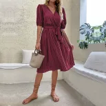 Summer Green Ruched Dress V Neck Tie Detail Fashionable Design Perfect for Casual Outings Wholes