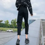 老爹牛仔裤女2023春秋新款学生高腰显瘦小个子直筒宽松萝卜哈伦裤