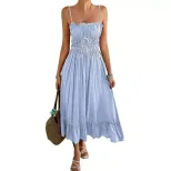 Light Blue A Line Midi Dress for Women Adjustable Straps Flowy Skirt French Style Perfect for Ca