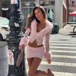Lace Plush Long Sleeve Top and Sexy Mini Skirt Set Fashionable Street Style Autumn Winter Wholes
