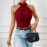 Summer Sleeveless Knit T Shirt Cross Neck Tie Design Solid Color Sexy Style Casual Wear for Wome