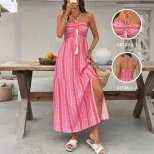 Bohemian Geometric Print Maxi Dress Halter Neck Side Slit Vacation Style Wholesale Available