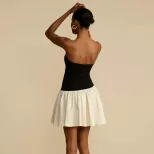Color Block Strapless Mini Dress Elegant French Style Fitted Waist Spring Summer Fashion Wholesa