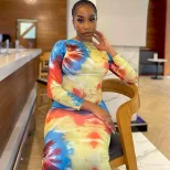 Spring European and American Style Fashionable Backless Dress Color Block Long Sleeve Bodycon Si