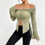 Off Shoulder Knit Top Long Sleeve Bell Sleeve Split Design Fall Winter Fashion for Women Wholesa