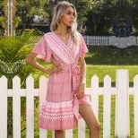 Womens A Line Dress with Tie Detail Short Sleeve V Neck Geometric Print Available in Blue and Pink Wholesale