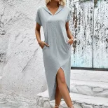 Summer Womens Long Hooded T Shirt Dress in Gray Casual Fit Short Sleeve Lightweight Fabric