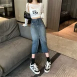 跨境水泥灰2024早春牛仔半身裙女小个子新款高腰中长款a字裙子