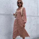 Floral V Neck Long Sleeve Dress Slim Fit Mid Length Elegant Style Perfect for Spring and Summer