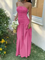 French Style Strapless Maxi Dress Soft Fabric Waist Tie Design Non Slip Strips Summer Vacation W